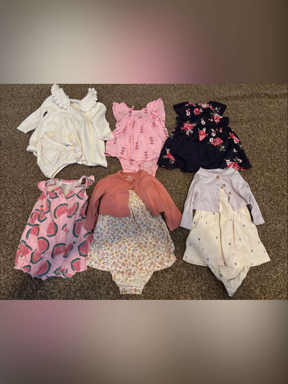 Baby Girls Mixed Romper & Dress Bundle - Pink, White, Navy Floral